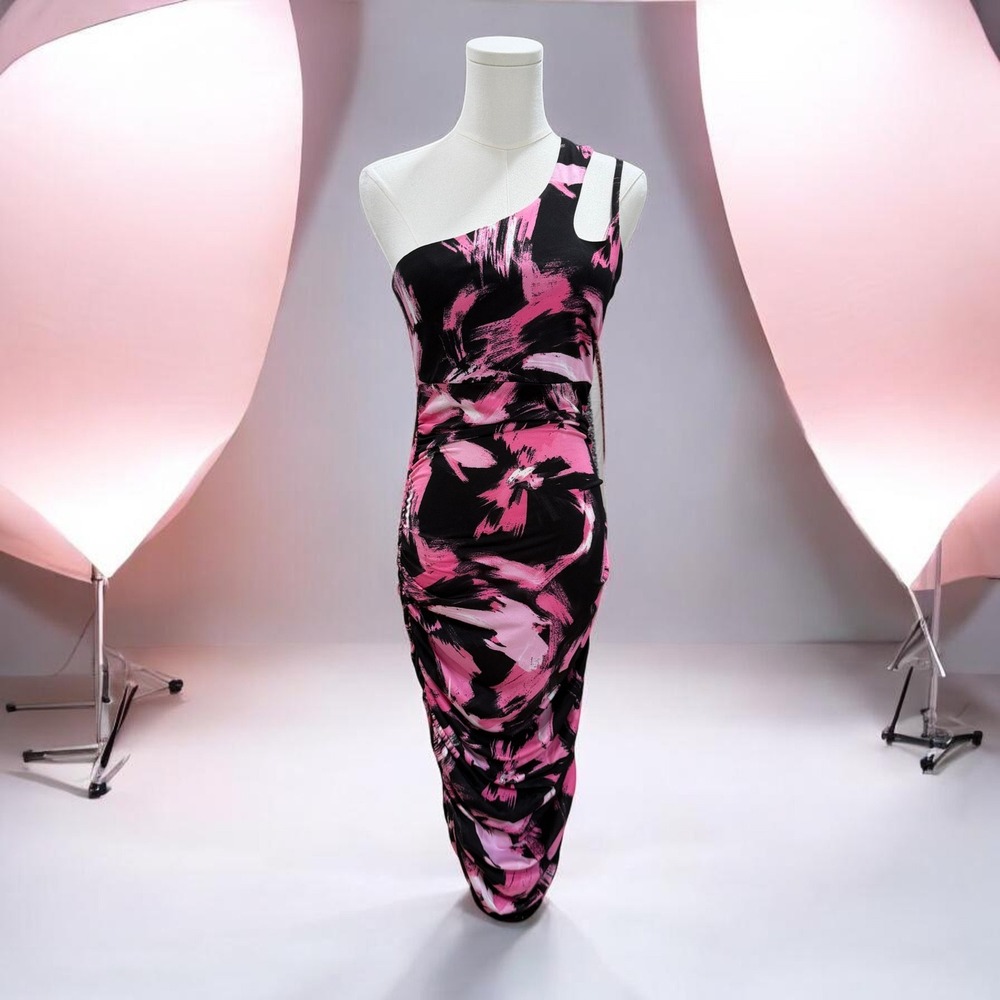 Fashionpoet Pink Black One Shoulder Bodycon‎ Midi Dress Ruched Party Womens L